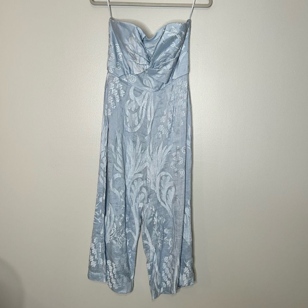 Anthropologie Aijek Blue Natalia Strapless Embroidered Cropped Jumpsuit